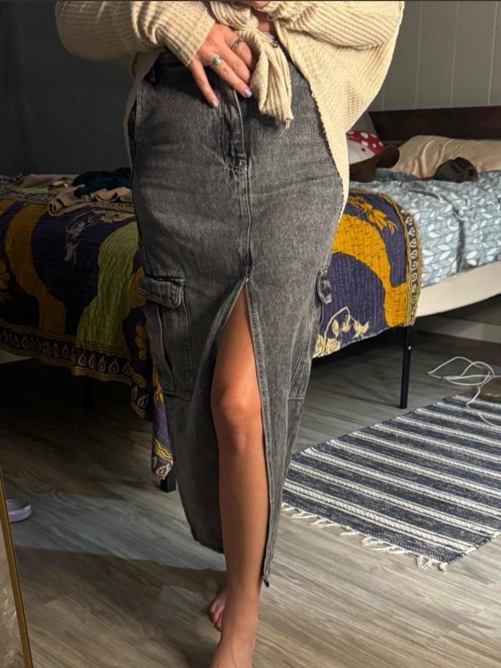 love, Fire Washed Black High-Waist Cargo Midi Skirt with Front Slit